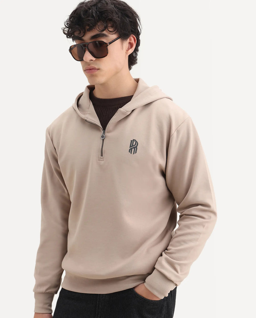Rare Rabbit Men's Ezra Beige Cotton Blend Fabric Full Sleeve Hooded Graphic Print Sweatshirt