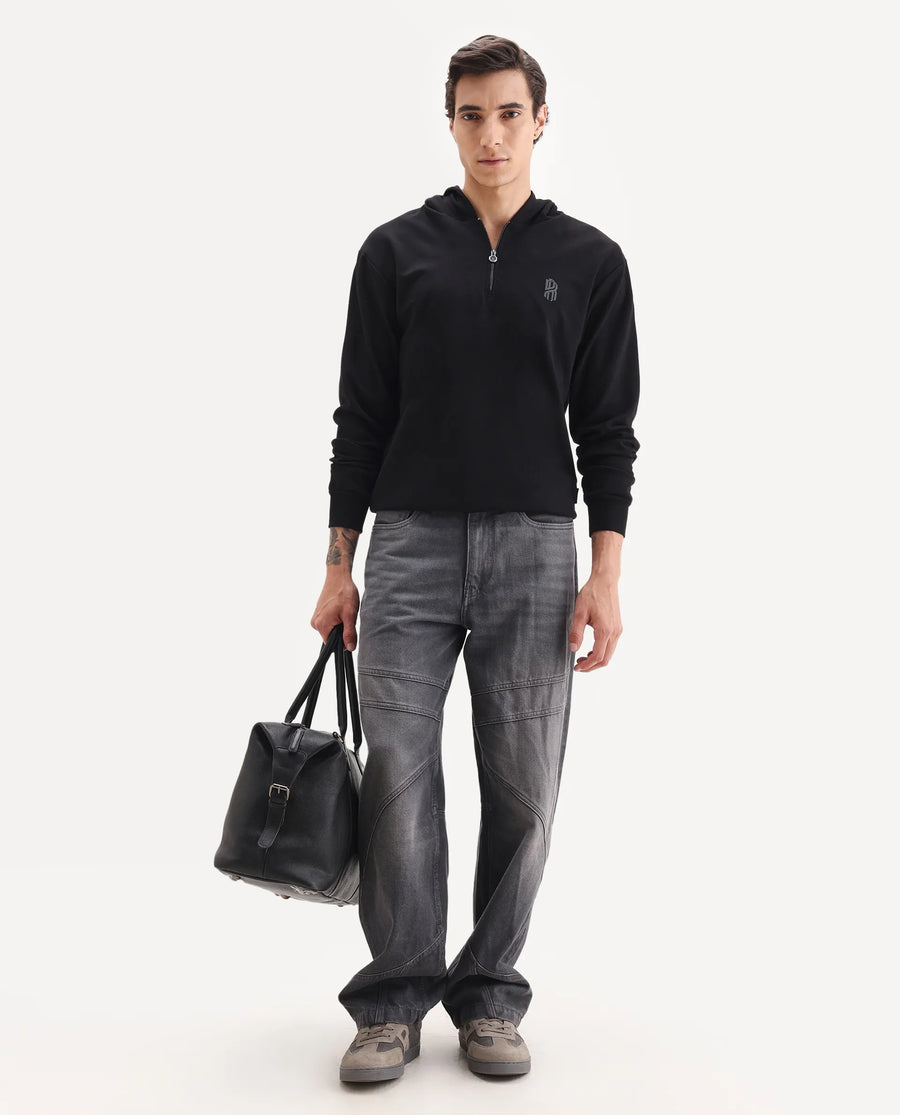Rare Rabbit Men's Ezra Black Cotton Blend Fabric Full Sleeve Hooded Graphic Print Sweatshirt