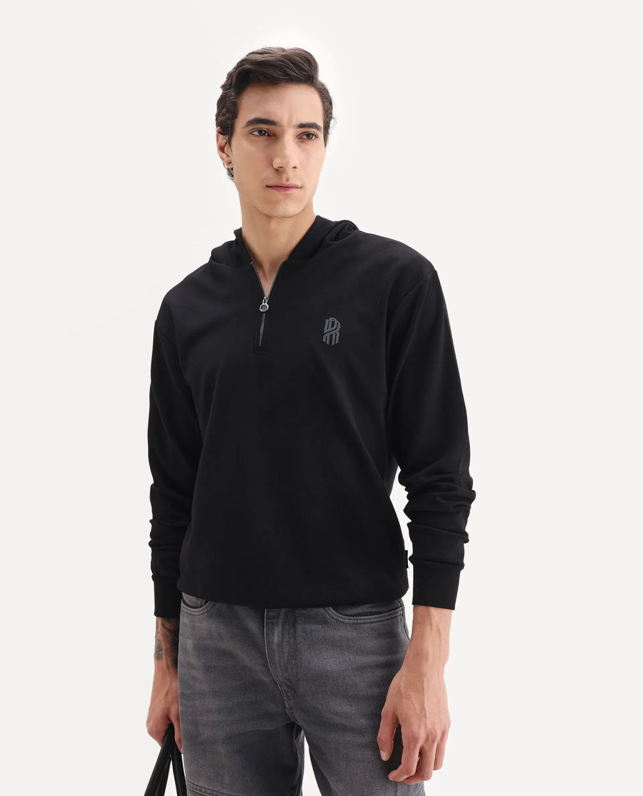 Rare Rabbit Men's Ezra Black Cotton Blend Fabric Full Sleeve Hooded Graphic Print Sweatshirt