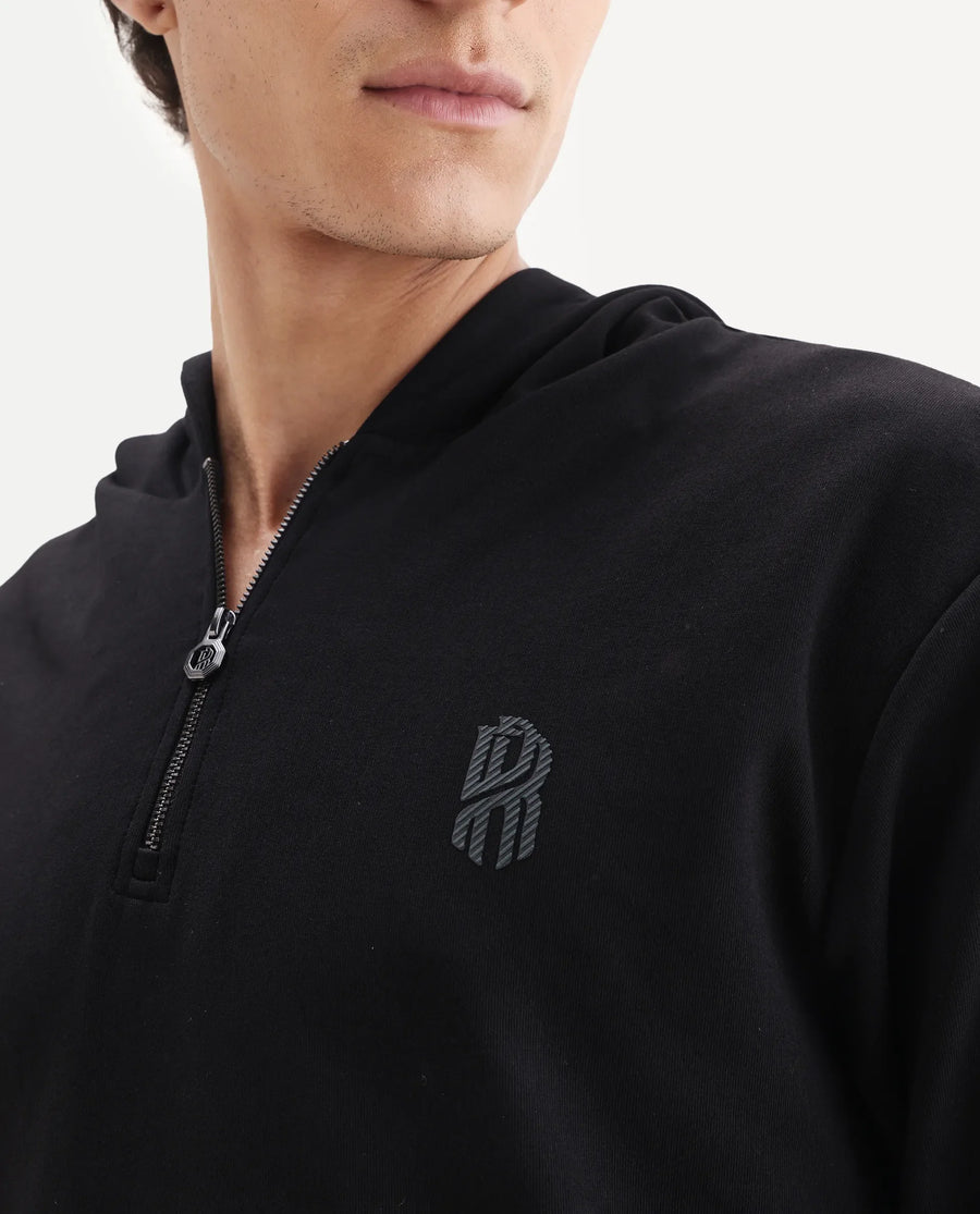 Rare Rabbit Men's Ezra Black Cotton Blend Fabric Full Sleeve Hooded Graphic Print Sweatshirt