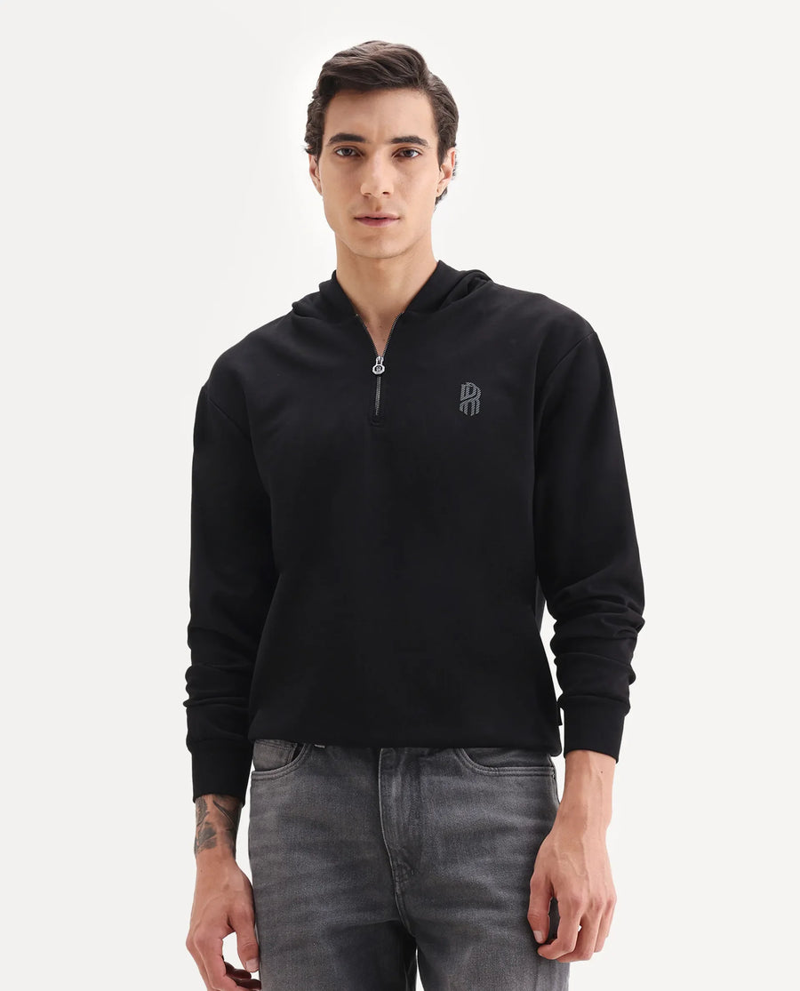Rare Rabbit Men's Ezra Black Cotton Blend Fabric Full Sleeve Hooded Graphic Print Sweatshirt