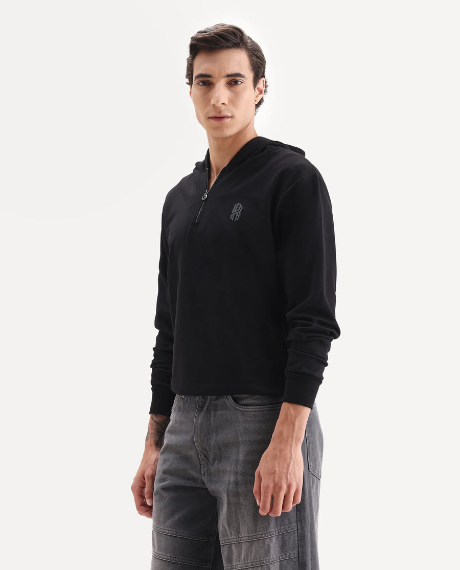 Rare Rabbit Men's Ezra Black Cotton Blend Fabric Full Sleeve Hooded Graphic Print Sweatshirt