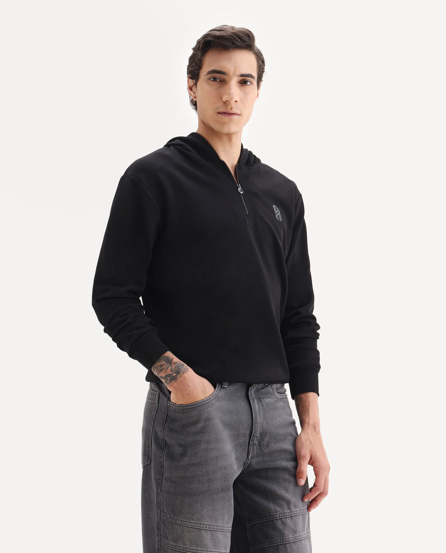 Rare Rabbit Men's Ezra Black Cotton Blend Fabric Full Sleeve Hooded Graphic Print Sweatshirt
