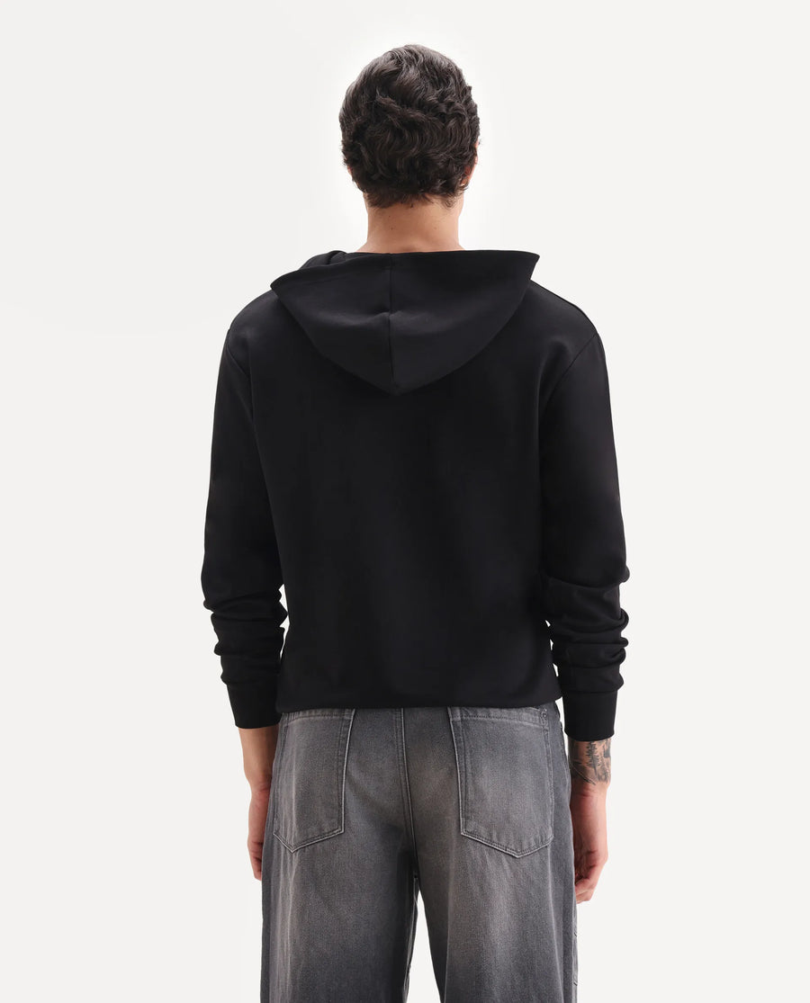 Rare Rabbit Men's Ezra Black Cotton Blend Fabric Full Sleeve Hooded Graphic Print Sweatshirt