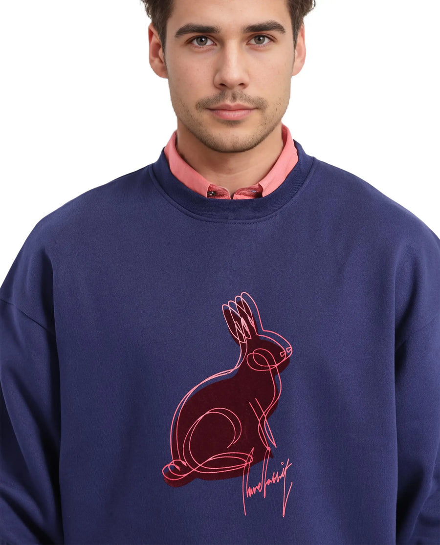 Rare Rabbit Men's Ezy Navy Cotton Blend Graphic Print Oversized Fit Full Sleeve Crew Neck Sweatshirt