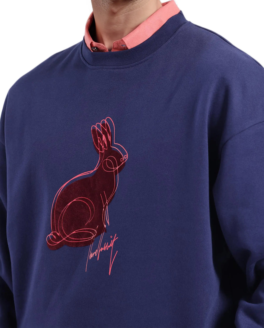 Rare Rabbit Men's Ezy Navy Cotton Blend Graphic Print Oversized Fit Full Sleeve Crew Neck Sweatshirt