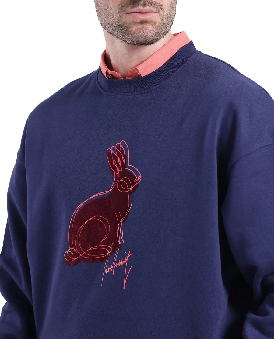 Rare Rabbit Men's Ezy Navy Cotton Blend Graphic Print Oversized Fit Full Sleeve Crew Neck Sweatshirt