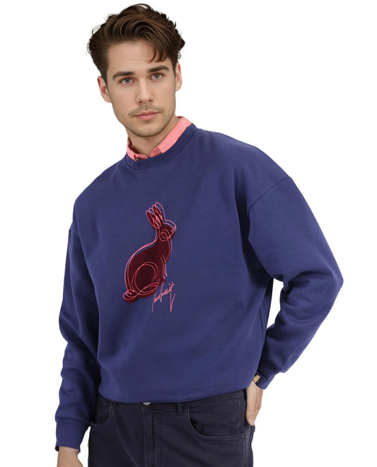 Rare Rabbit Men's Ezy Navy Cotton Blend Graphic Print Oversized Fit Full Sleeve Crew Neck Sweatshirt