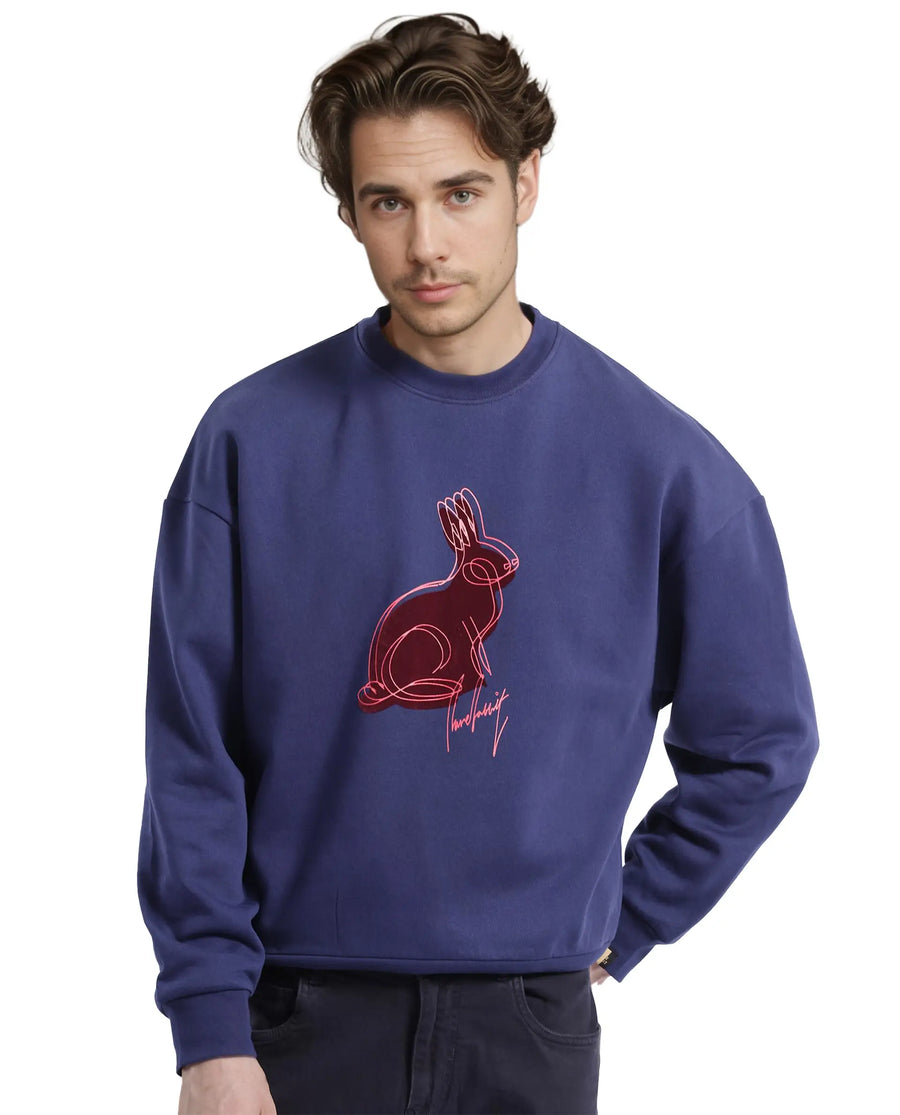 Rare Rabbit Men's Ezy Navy Cotton Blend Graphic Print Oversized Fit Full Sleeve Crew Neck Sweatshirt