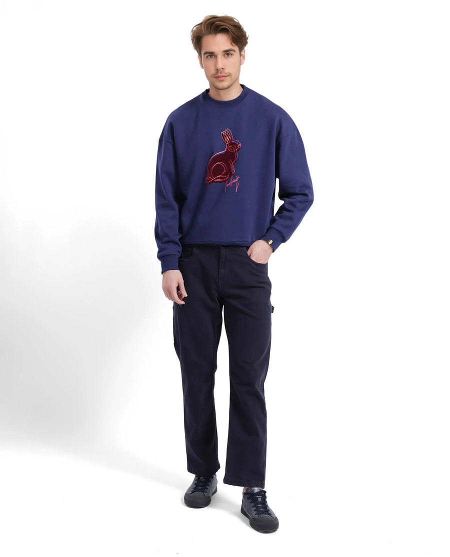 Rare Rabbit Men's Ezy Navy Cotton Blend Graphic Print Oversized Fit Full Sleeve Crew Neck Sweatshirt