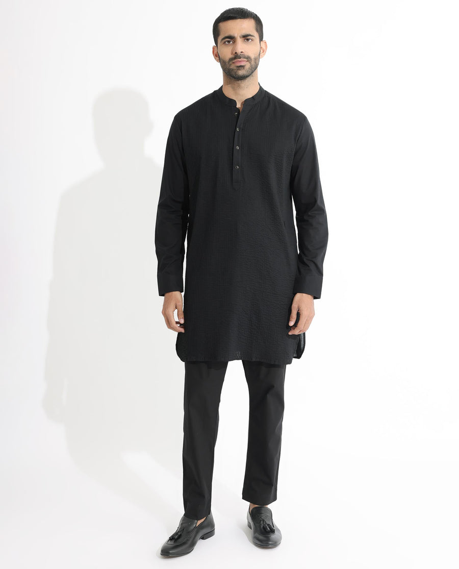 Rare Rabbit Men's Ethnic Black Cotton Striped Print Regular Fit Full Sleeve Mandarin Collar Kurta