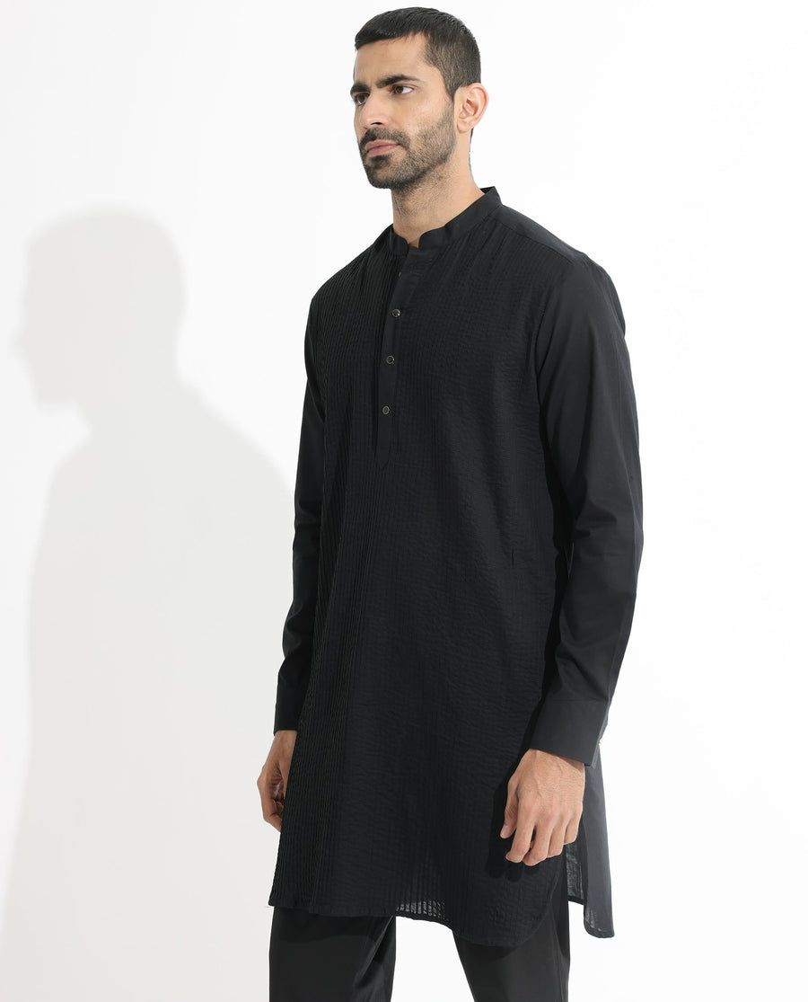 Rare Rabbit Men's Ethnic Black Cotton Striped Print Regular Fit Full Sleeve Mandarin Collar Kurta