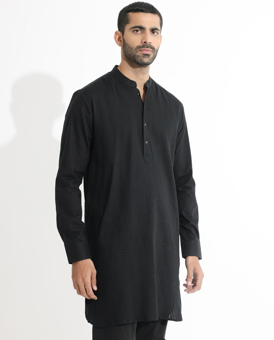 Rare Rabbit Men's Ethnic Black Cotton Striped Print Regular Fit Full Sleeve Mandarin Collar Kurta