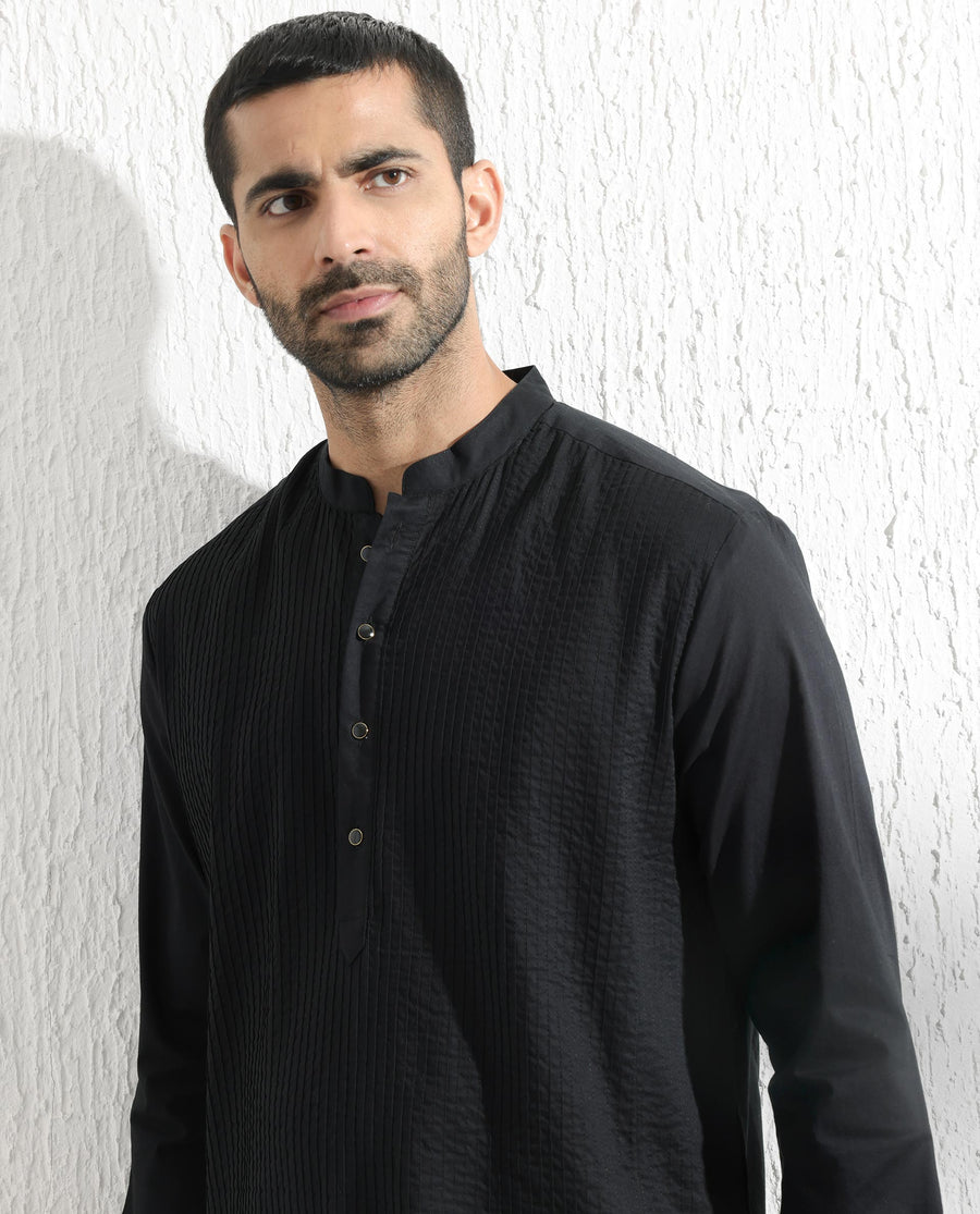 Rare Rabbit Men's Ethnic Black Cotton Striped Print Regular Fit Full Sleeve Mandarin Collar Kurta