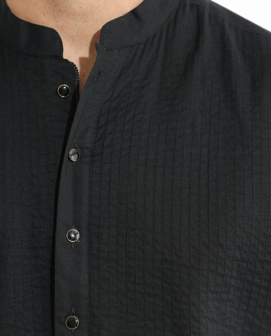 Rare Rabbit Men's Ethnic Black Cotton Striped Print Regular Fit Full Sleeve Mandarin Collar Kurta
