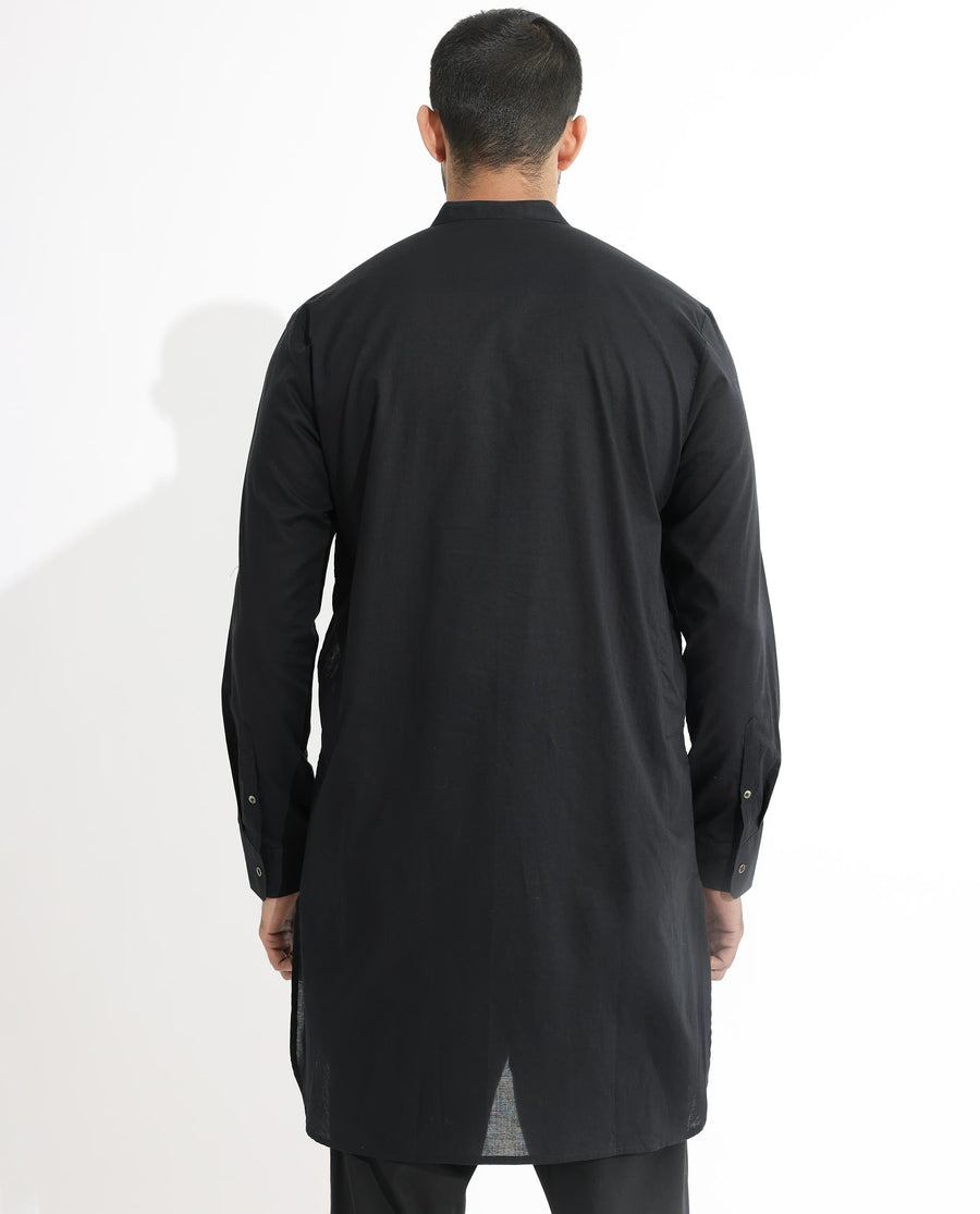 Rare Rabbit Men's Ethnic Black Cotton Striped Print Regular Fit Full Sleeve Mandarin Collar Kurta