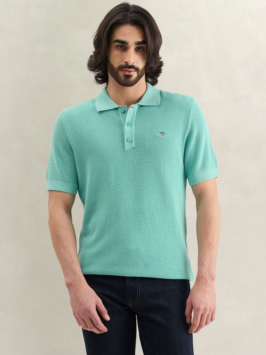 Gant Men Turquoise Solid Regular Fit Micro Textured Polo T-Shirt