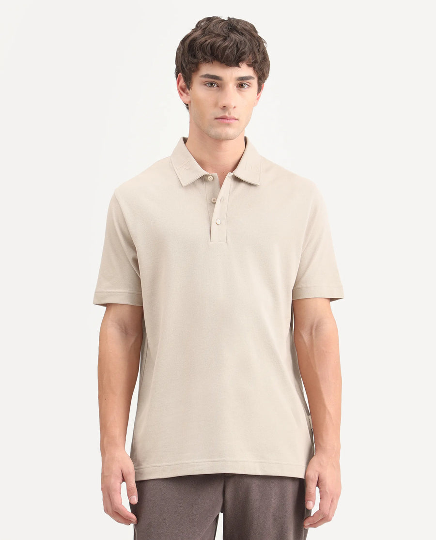 Rare Rabbit Men's Fabios Beige Cotton Regular Fit Half Sleeves Plain Polo