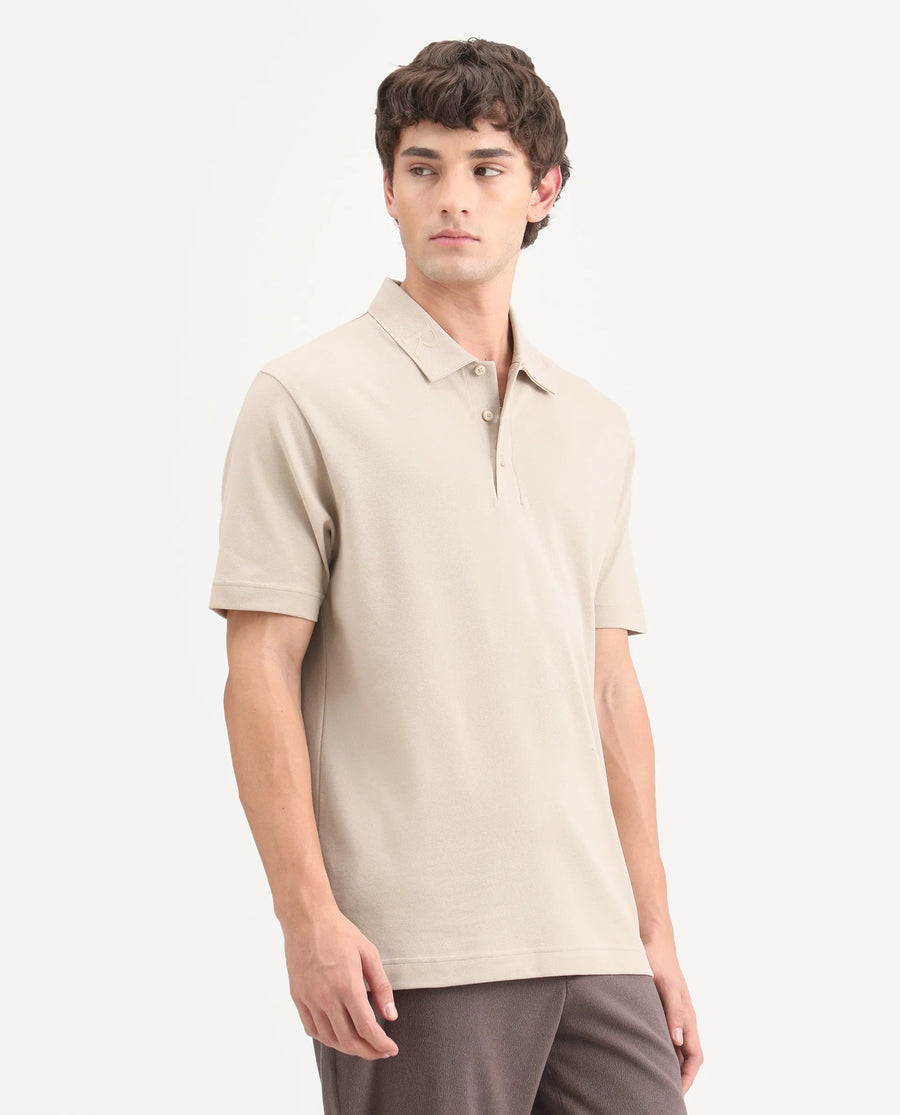 Rare Rabbit Men's Fabios Beige Cotton Regular Fit Half Sleeves Plain Polo