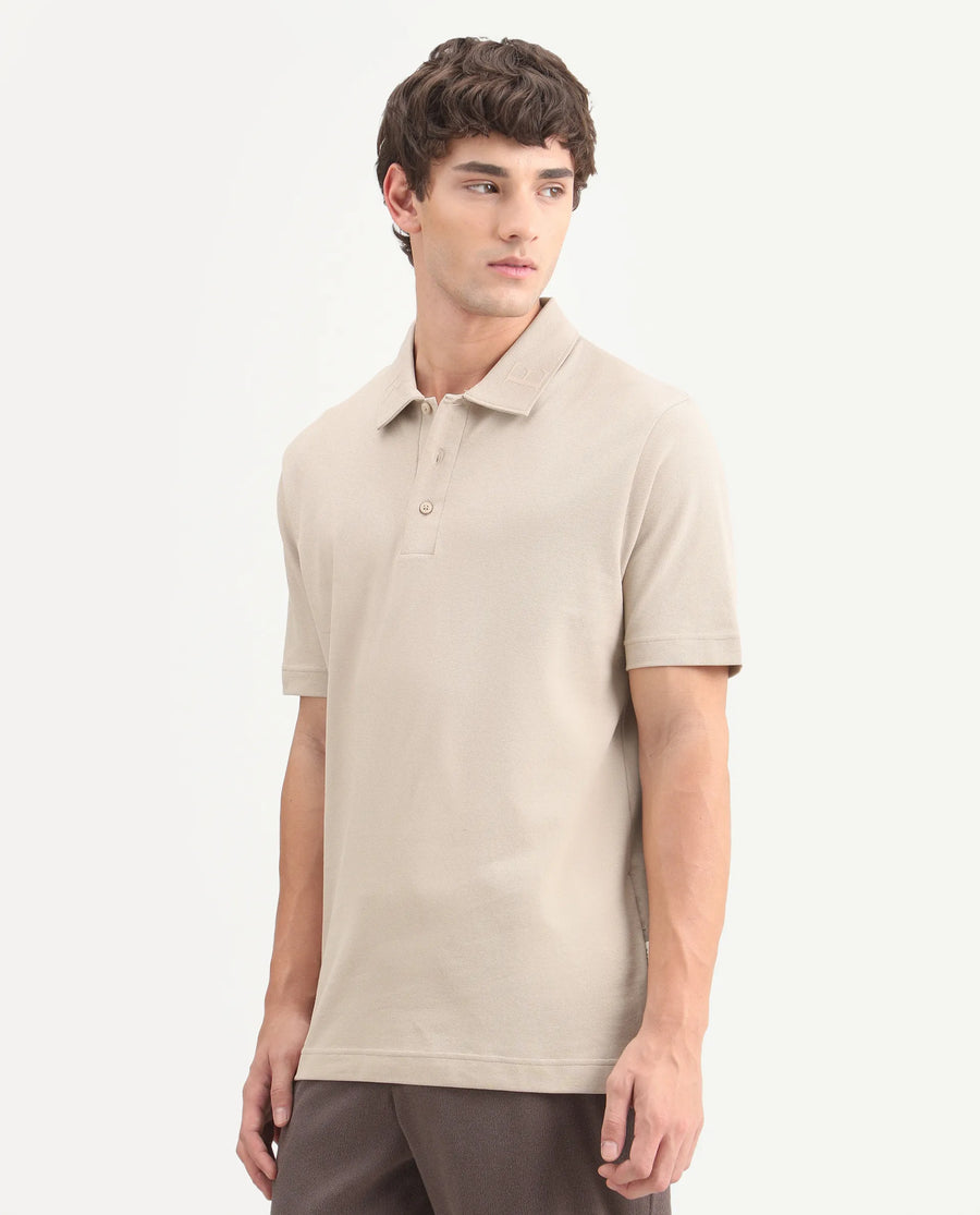 Rare Rabbit Men's Fabios Beige Cotton Regular Fit Half Sleeves Plain Polo