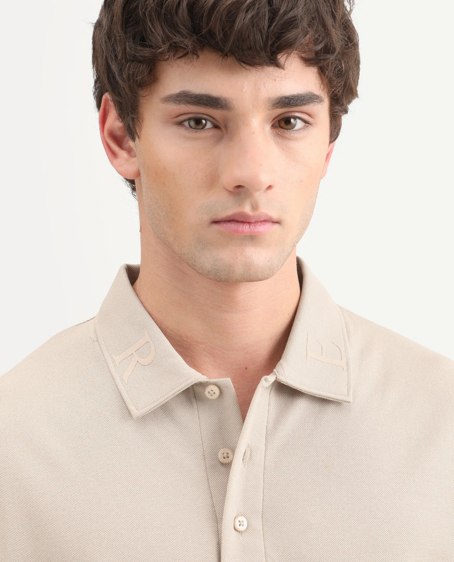 Rare Rabbit Men's Fabios Beige Cotton Regular Fit Half Sleeves Plain Polo