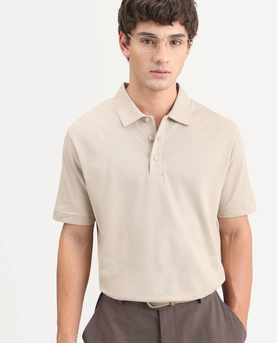 Rare Rabbit Men's Fabios Beige Cotton Regular Fit Half Sleeves Plain Polo