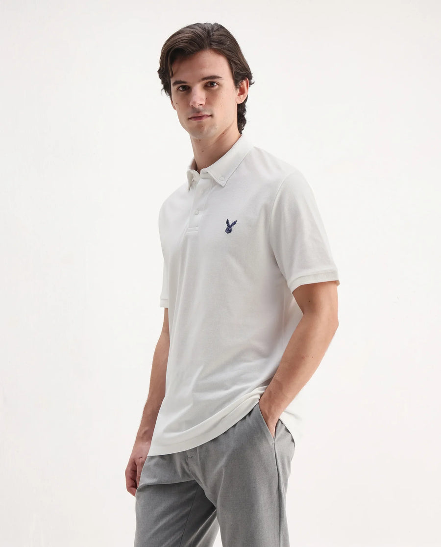 Rare Rabbit Men's Face White Cotton Embroidered Regular Fit Half Sleeve Polo