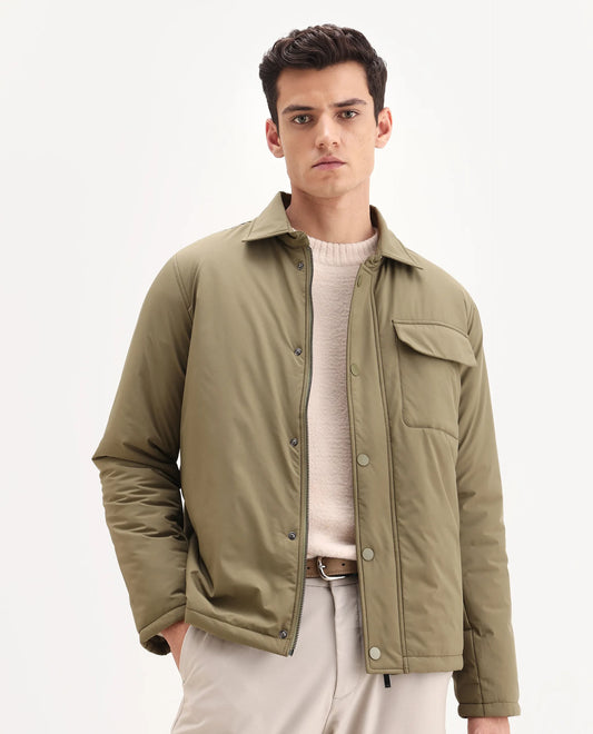 Rare Rabbit Men's Fagu-25 Olive Polyester Blend Fabric Collared Neck Relaxed Fit Plain Jacket