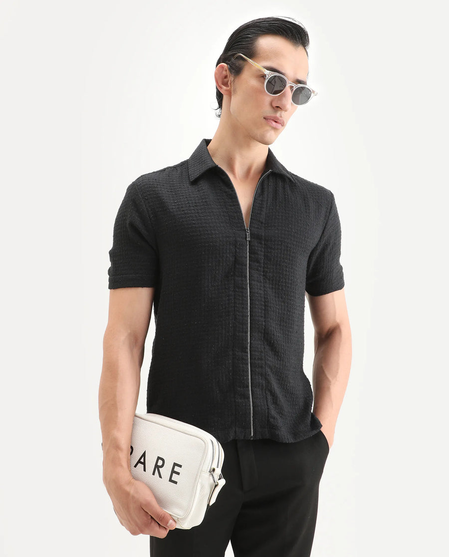 Rare Rabbit Men's Fale Black Polyester Fabric Half Sleeve Spread Collar Regular Fit Textured Shirt