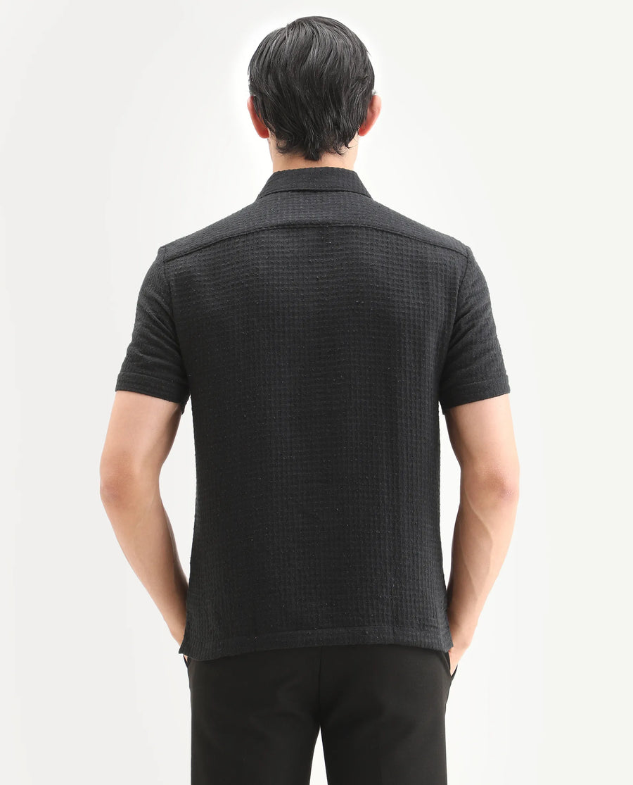 Rare Rabbit Men's Fale Black Polyester Fabric Half Sleeve Spread Collar Regular Fit Textured Shirt