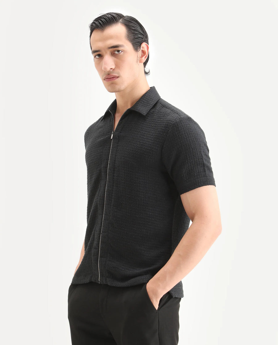 Rare Rabbit Men's Fale Black Polyester Fabric Half Sleeve Spread Collar Regular Fit Textured Shirt