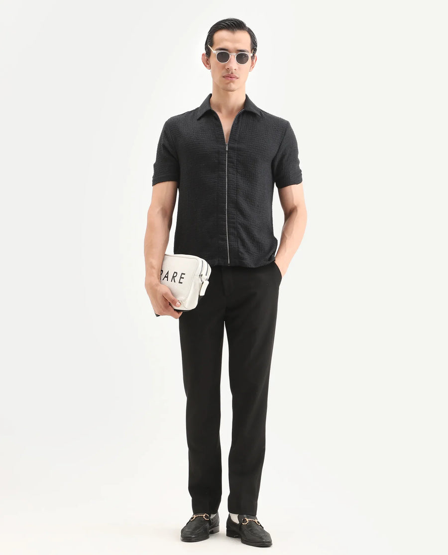 Rare Rabbit Men's Fale Black Polyester Fabric Half Sleeve Spread Collar Regular Fit Textured Shirt