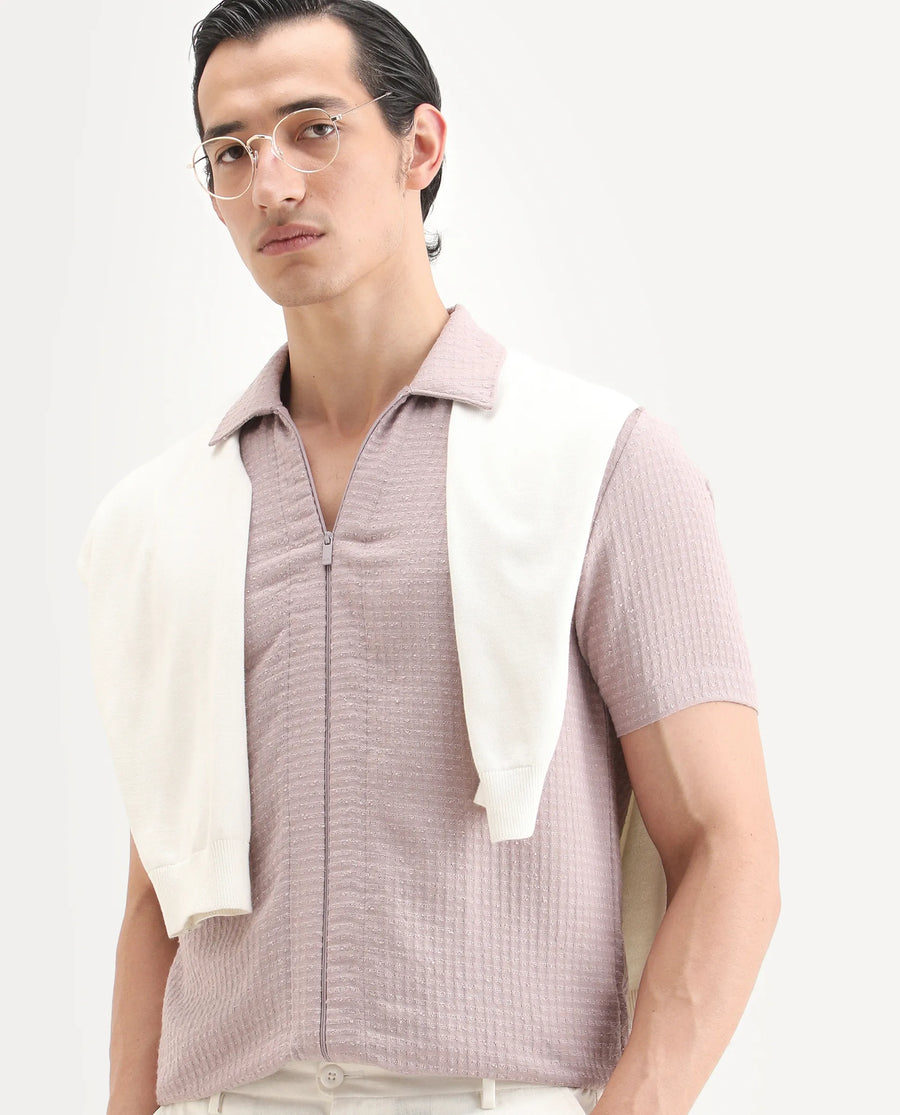 Rare Rabbit Men's Fale Dusky Pink Polyester Fabric Half Sleeve Spread Collar Regular Fit Textured Shirt