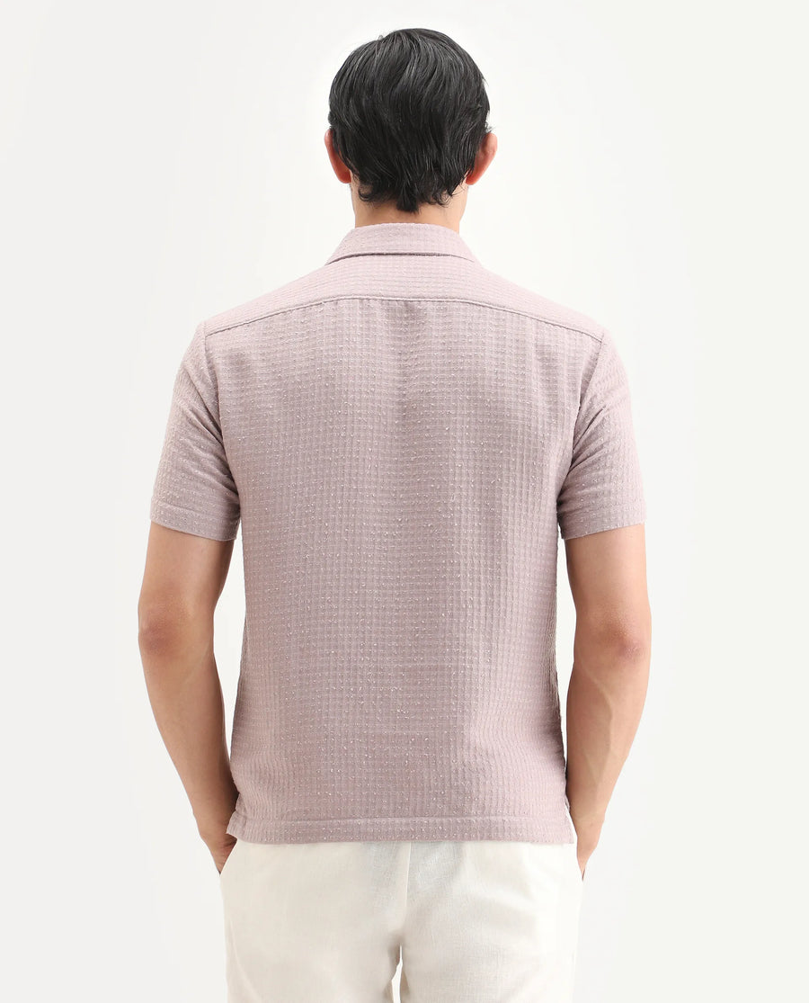 Rare Rabbit Men's Fale Dusky Pink Polyester Fabric Half Sleeve Spread Collar Regular Fit Textured Shirt