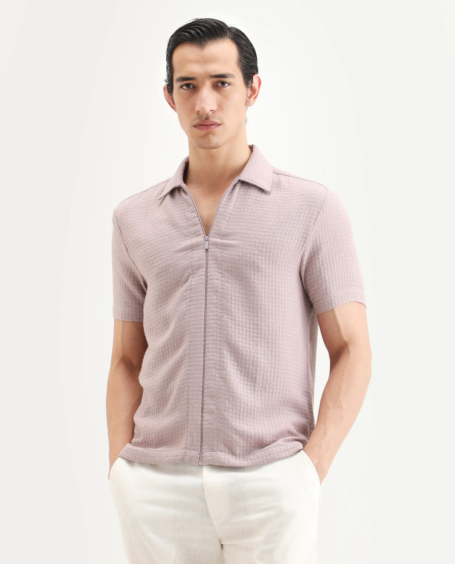 Rare Rabbit Men's Fale Dusky Pink Polyester Fabric Half Sleeve Spread Collar Regular Fit Textured Shirt