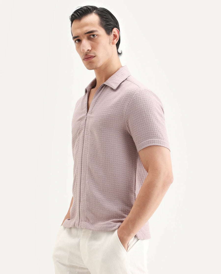 Rare Rabbit Men's Fale Dusky Pink Polyester Fabric Half Sleeve Spread Collar Regular Fit Textured Shirt