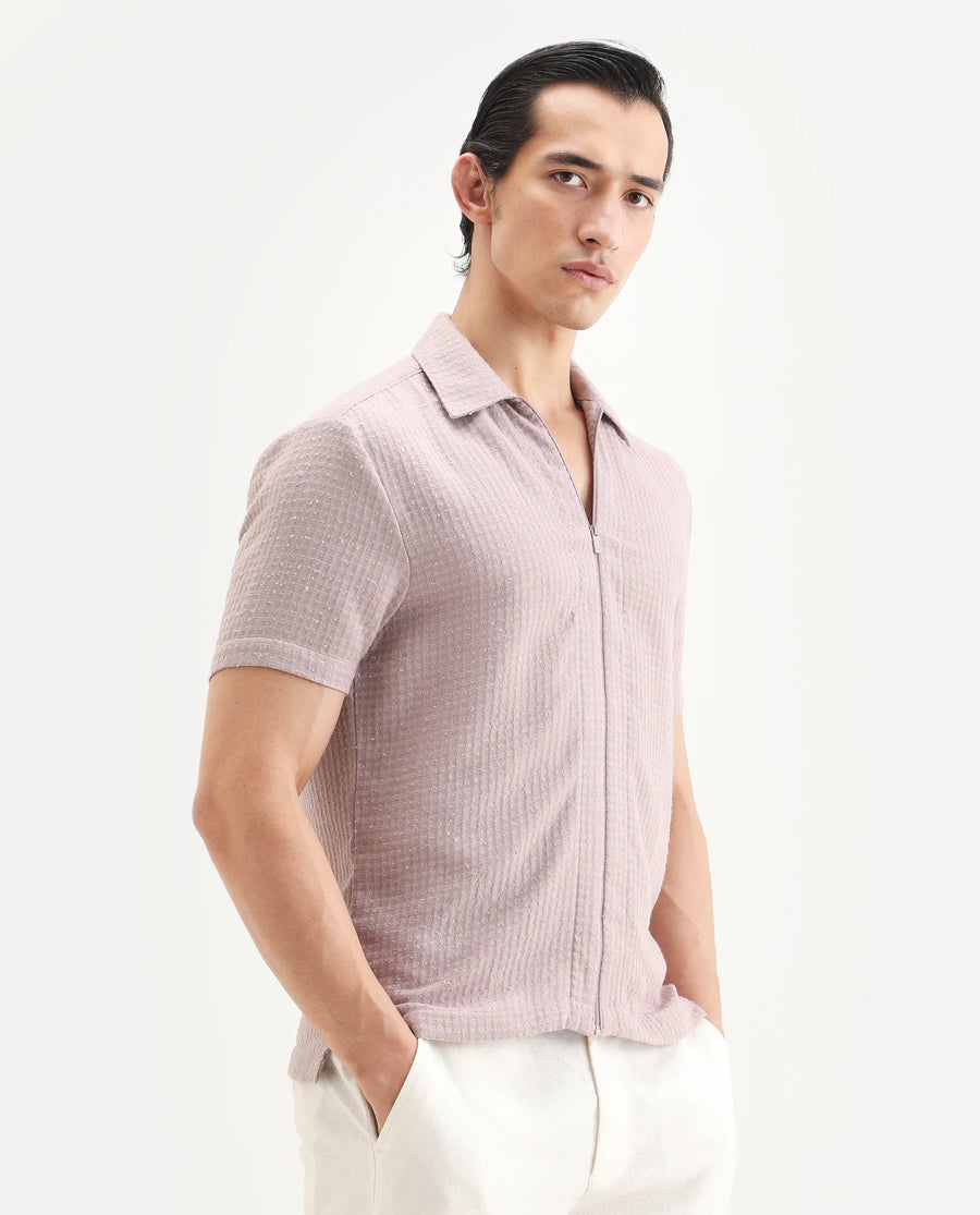 Rare Rabbit Men's Fale Dusky Pink Polyester Fabric Half Sleeve Spread Collar Regular Fit Textured Shirt
