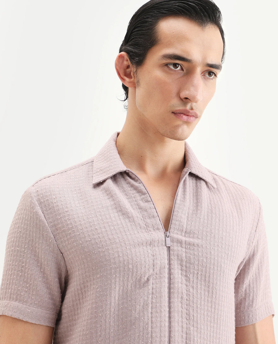 Rare Rabbit Men's Fale Dusky Pink Polyester Fabric Half Sleeve Spread Collar Regular Fit Textured Shirt