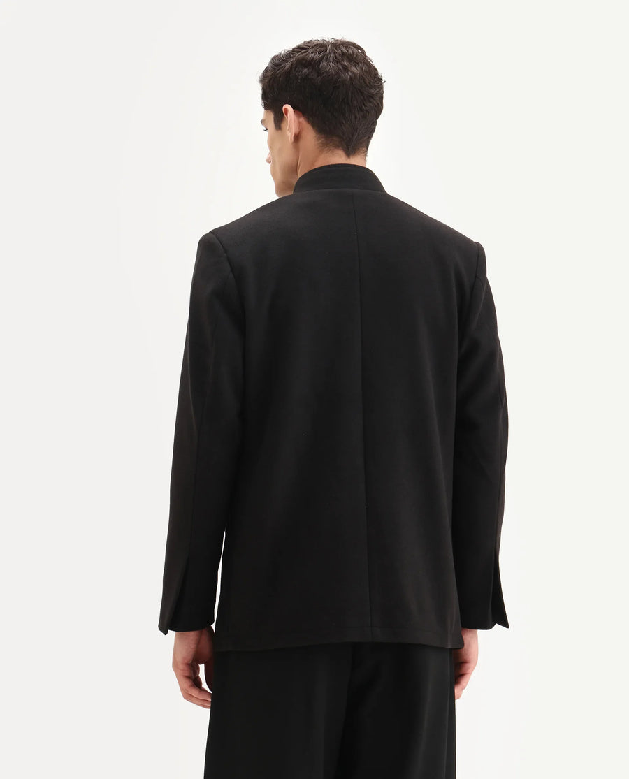 Rare Rabbit Men's Fanzo-25 Black Polyester Blend Fabric High Neck Regular Plain Coat