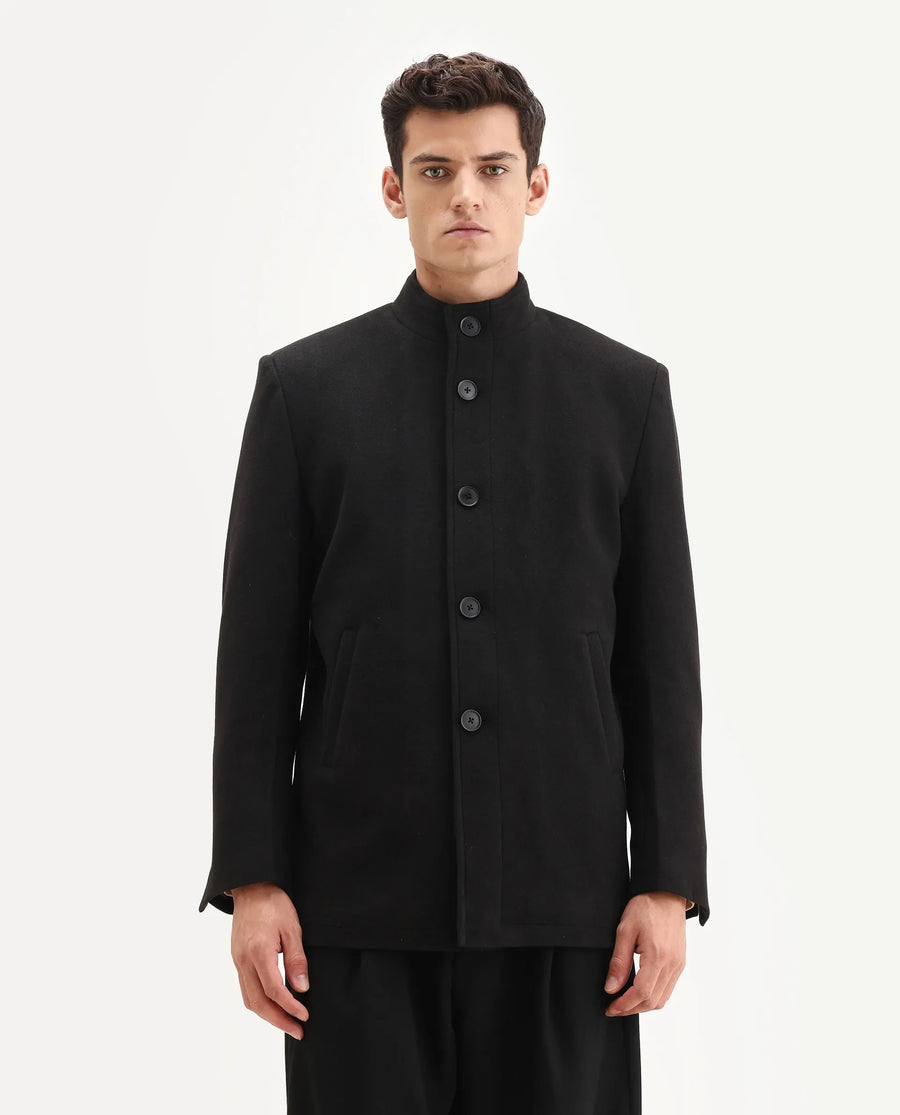 Rare Rabbit Men's Fanzo-25 Black Polyester Blend Fabric High Neck Regular Plain Coat