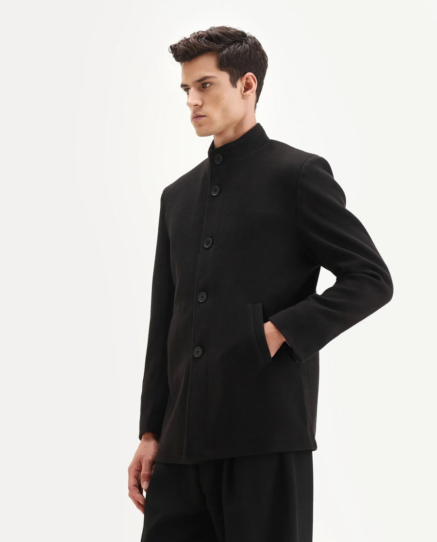 Rare Rabbit Men's Fanzo-25 Black Polyester Blend Fabric High Neck Regular Plain Coat