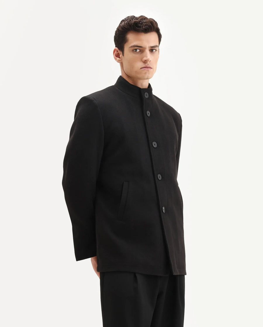 Rare Rabbit Men's Fanzo-25 Black Polyester Blend Fabric High Neck Regular Plain Coat