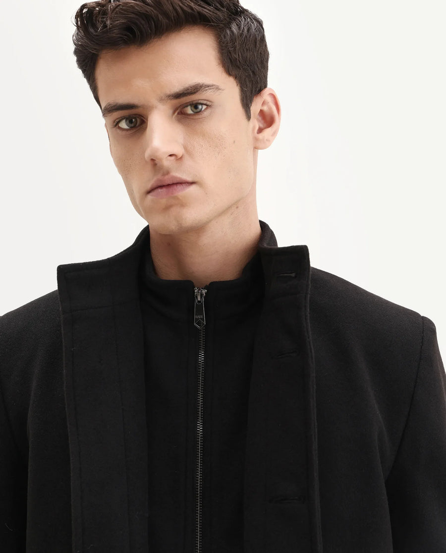 Rare Rabbit Men's Fanzo-25 Black Polyester Blend Fabric High Neck Regular Plain Coat