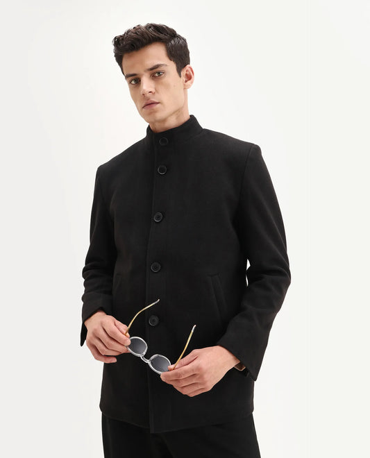 Rare Rabbit Men's Fanzo-25 Black Polyester Blend Fabric High Neck Regular Plain Coat