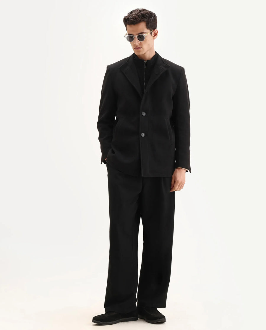 Rare Rabbit Men's Fanzo-25 Black Polyester Blend Fabric High Neck Regular Plain Coat