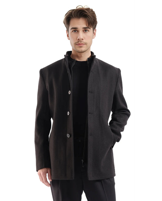 Rare Rabbit Men's Fanzo Black Polyester Plain Relaxed Fit Full Sleeve High Neck Coat