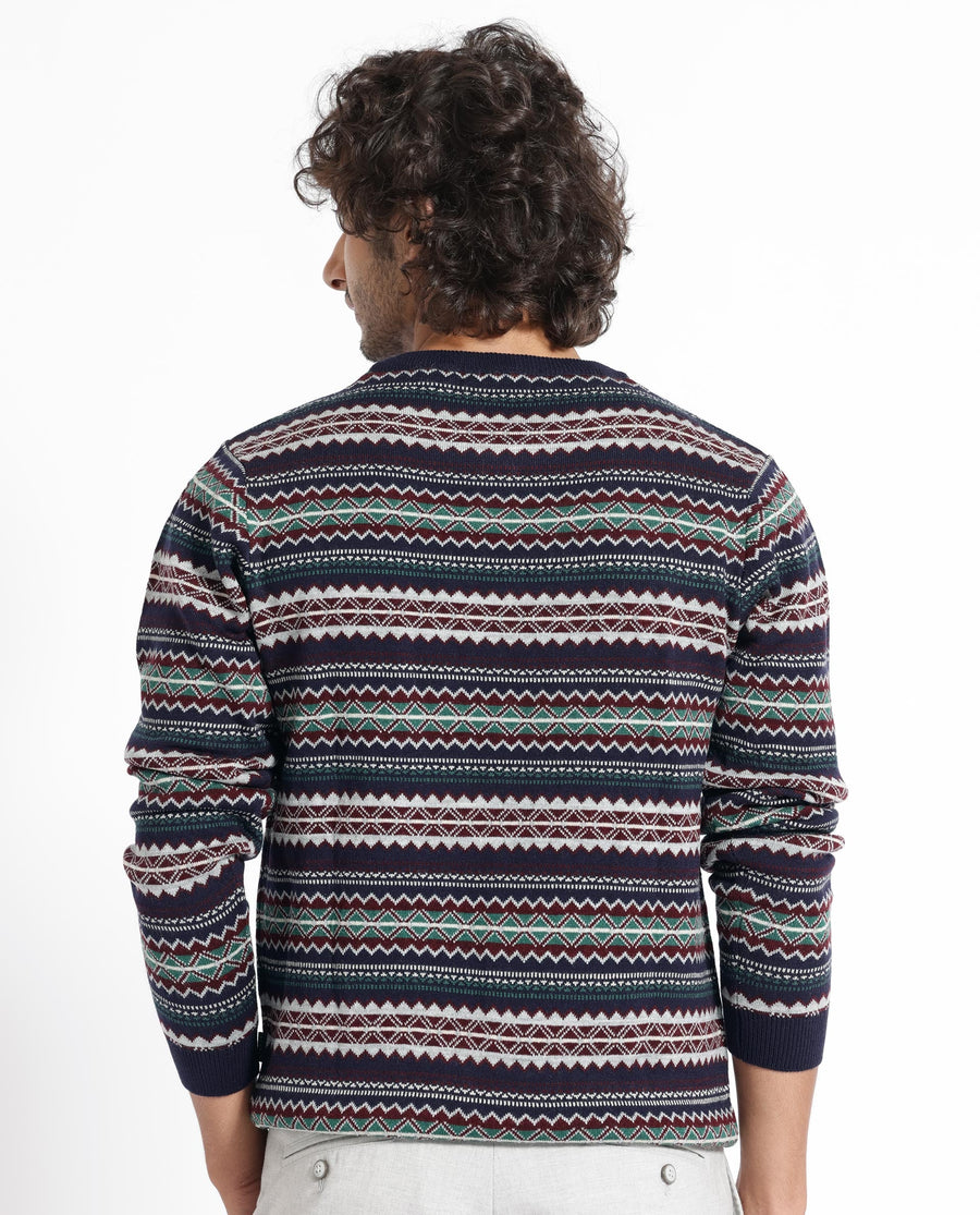 Rare Rabbit Men's Fare Navy Acrylic Textured Relaxed Fit Full Sleeve Crew Neck Sweater