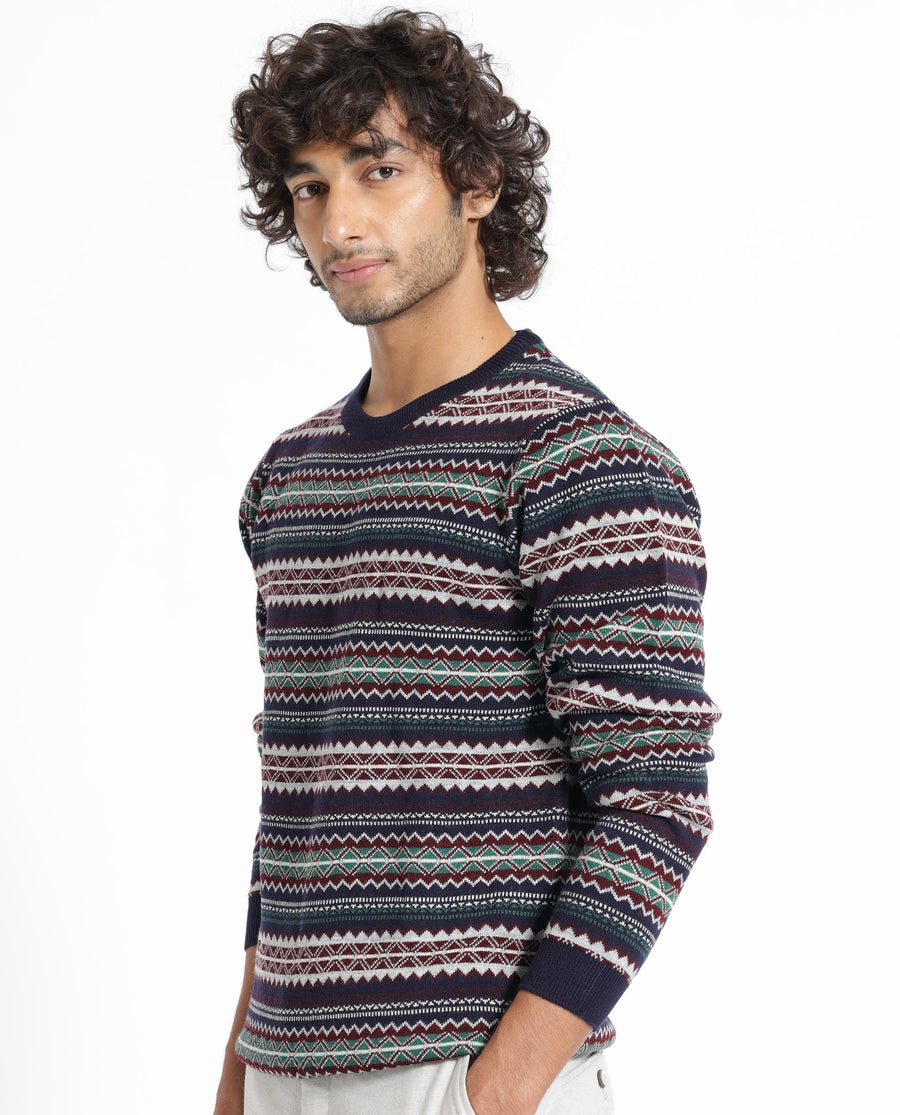 Rare Rabbit Men's Fare Navy Acrylic Textured Relaxed Fit Full Sleeve Crew Neck Sweater
