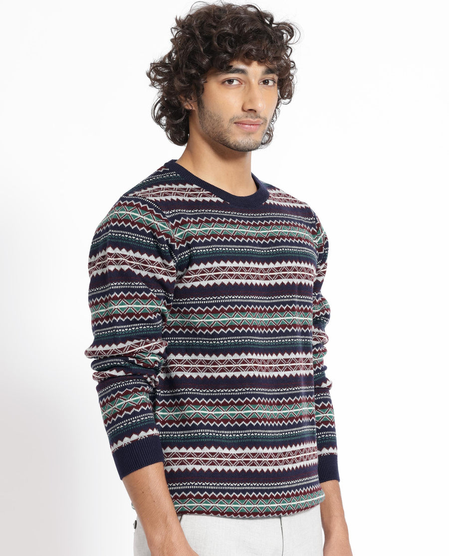 Rare Rabbit Men's Fare Navy Acrylic Textured Relaxed Fit Full Sleeve Crew Neck Sweater