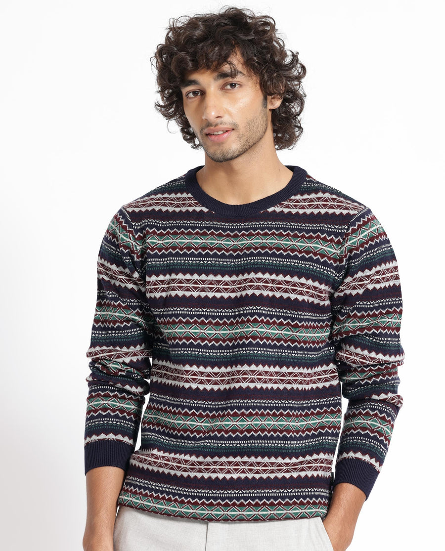 Rare Rabbit Men's Fare Navy Acrylic Textured Relaxed Fit Full Sleeve Crew Neck Sweater